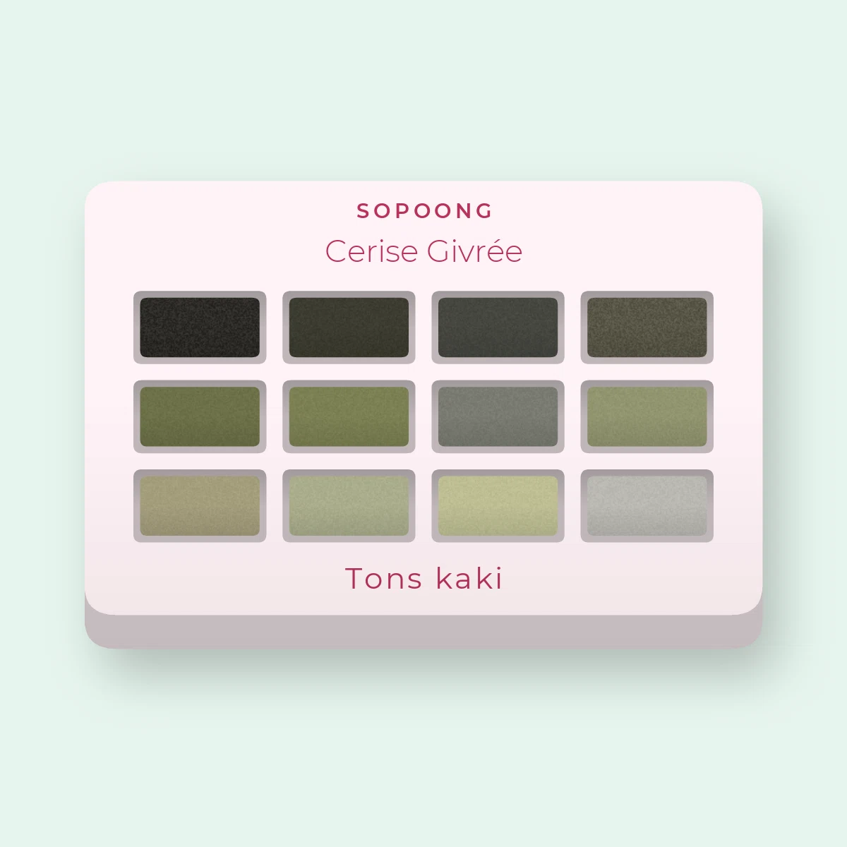 Palette yeux minimaliste Cerise Givrée – Sopoong, 12 × 1 g, teinte Tons kaki