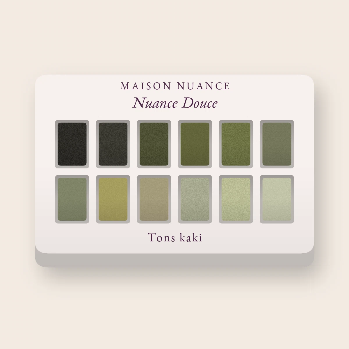 Palette yeux haute pigmentation Nuance Douce – Maison Nuance, 4 × 1,2 g, teinte Tons kaki