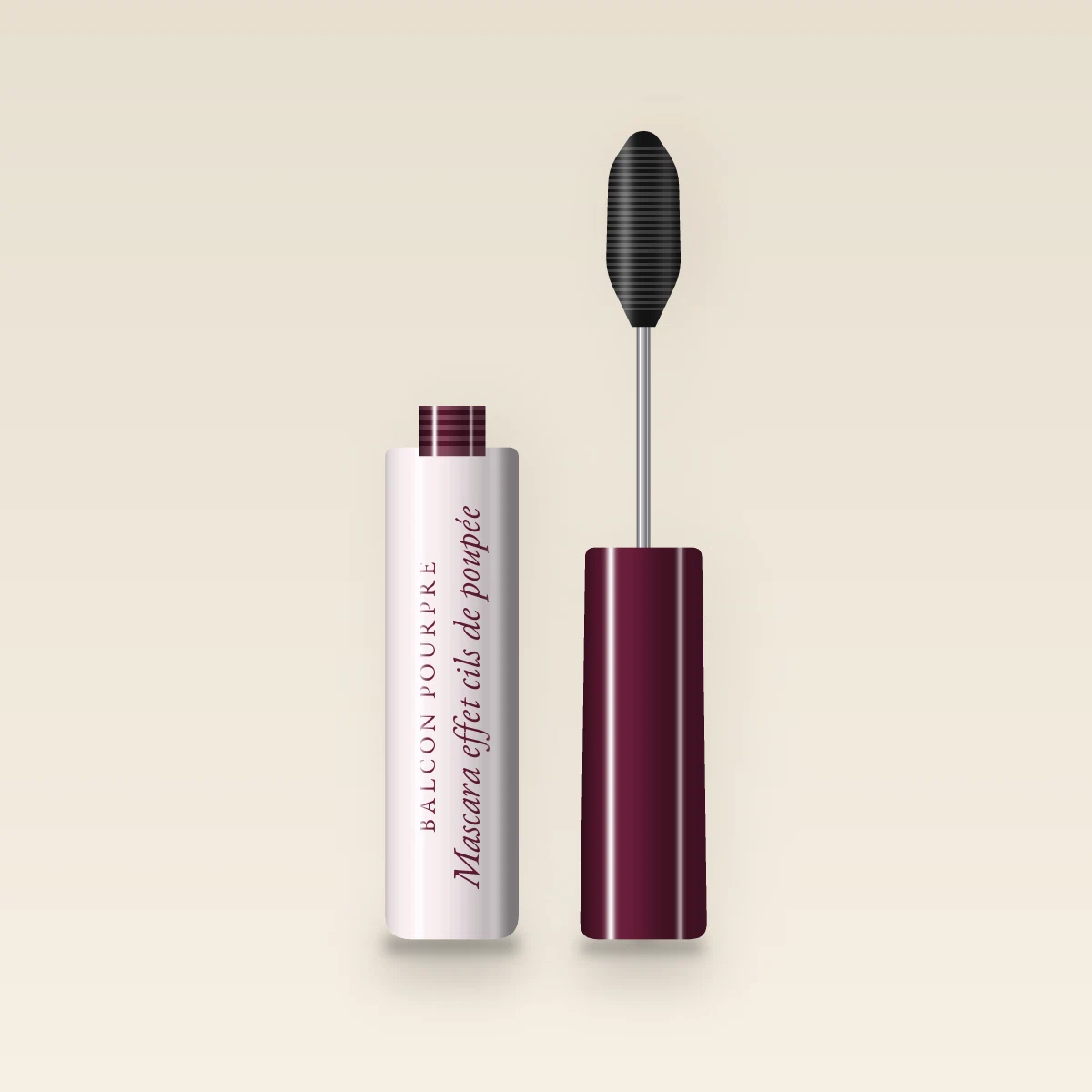 Mascara effet cils de poupée au beurre de karité – Balcon Pourpre, flacon et brosse 8 ml, teinte Noir