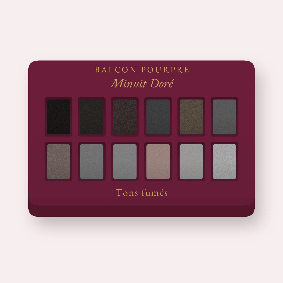Palette yeux Minuit Doré effet naturel – Balcon Pourpre, 12 × 1 g, teinte Tons fumés